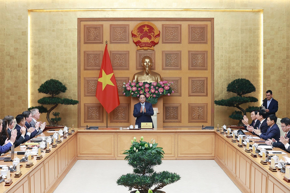 Thủ tướng Phạm Minh Chính tiếp các doanh nghiệp của Hội đồng Kinh doanh Hoa Kỳ-ASEAN. (Ảnh: Dương Giang/TTXVN)