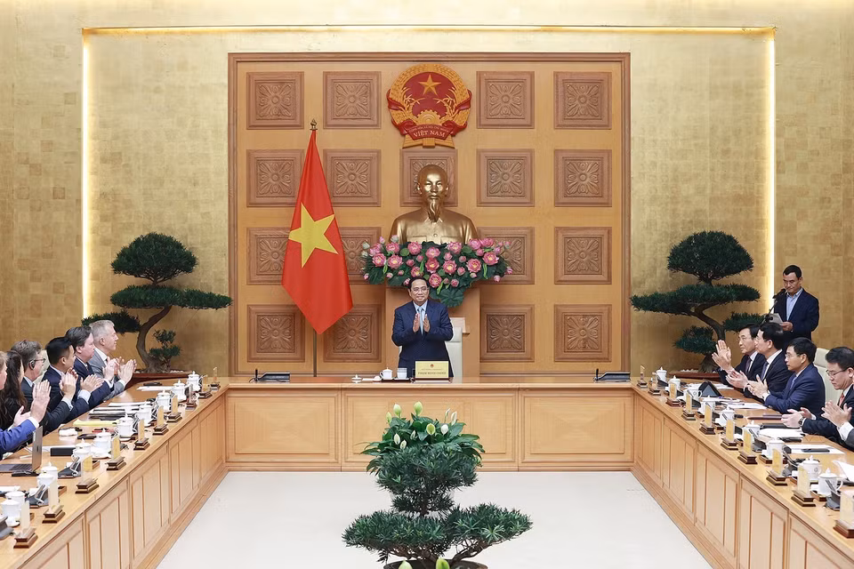 Thủ tướng Phạm Minh Chính tiếp các doanh nghiệp của Hội đồng Kinh doanh Hoa Kỳ-ASEAN. (Ảnh: Dương Giang/TTXVN)