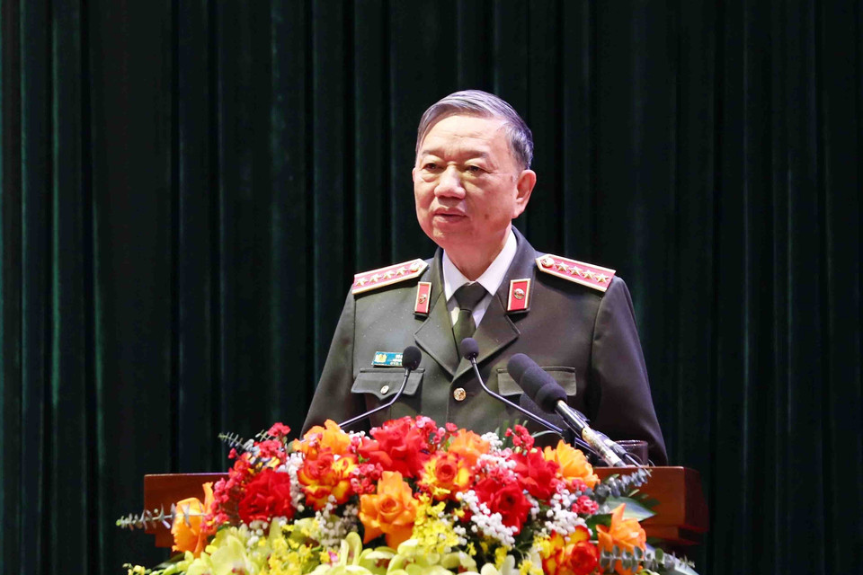 Đại tướng Tô Lâm, Ủy viên Bộ Chính trị, Bộ trưởng Bộ Công an phát biểu. (Ảnh: Phạm Kiên/TTXVN)