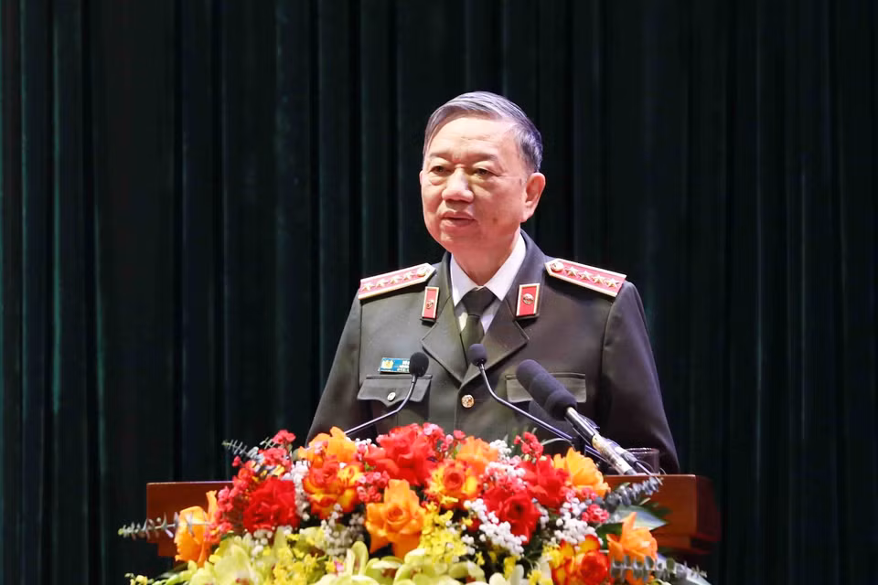 Đại tướng Tô Lâm, Ủy viên Bộ Chính trị, Bộ trưởng Bộ Công an phát biểu. (Ảnh: Phạm Kiên/TTXVN)