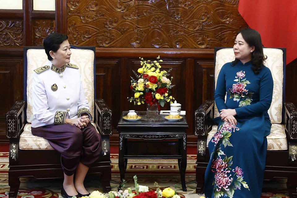 Quyền Chủ tịch nước Võ Thị Ánh Xuân tiếp Đại sứ Vương quốc Campuchia Chea Kimtha. (Ảnh: Thống Nhất/TTTXVN)