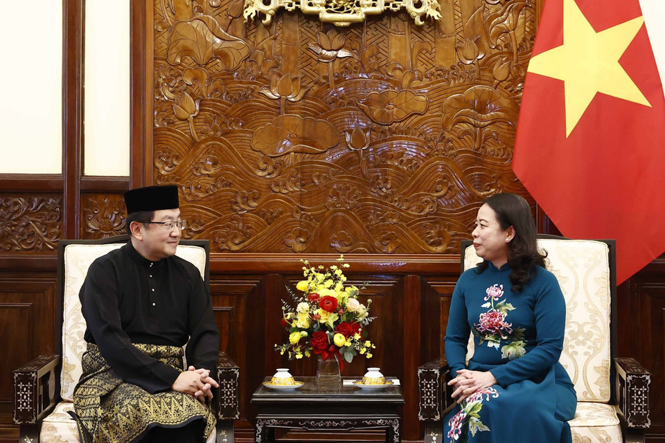 Quyền Chủ tịch nước Võ Thị Ánh Xuân tiếp Đại sứ Malaysia Tan Yang Thai. (Ảnh: Thống Nhất/TTXVN)