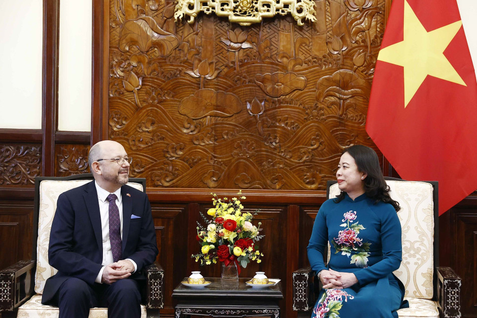 Quyền Chủ tịch nước Võ Thị Ánh Xuân tiếp Đại sứ Thụy Sỹ Thomas Gass tại lễ trình Quốc thư. (Ảnh: Thống Nhất/TTXVN)