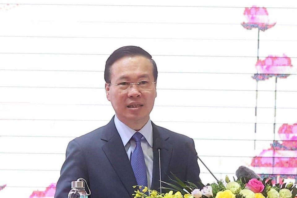 Chủ tịch nước Võ Văn Thưởng phát biểu chỉ đạo tại buổi làm việc với Bộ Tư lệnh Quân khu 2. (Ảnh: Thống Nhất/TTXVN)