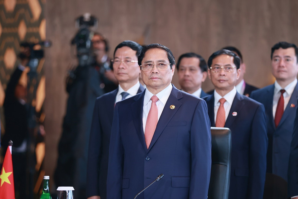 Thủ tướng Phạm Minh Chính và Trưởng đoàn các nước ASEAN tham dự Lễ khai mạc và Phiên toàn thể Hội nghị Cấp cao Hiệp hội các quốc gia Đông Nam Á lần thứ 42. (Ảnh: Dương Giang/TTXVN)