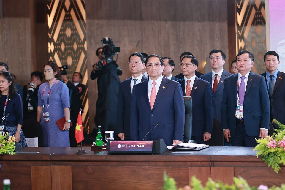 Sáng 10/5/2023, tại Labuan Bajo, Indonesia, Thủ tướng Phạm Minh Chính và Trưởng đoàn các nước ASEAN tham dự Lễ khai mạc và Phiên toàn thể Hội nghị Cấp cao Hiệp hội các quốc gia Đông Nam Á lần thứ 42. (Ảnh: Dương Giang/TTXVN)