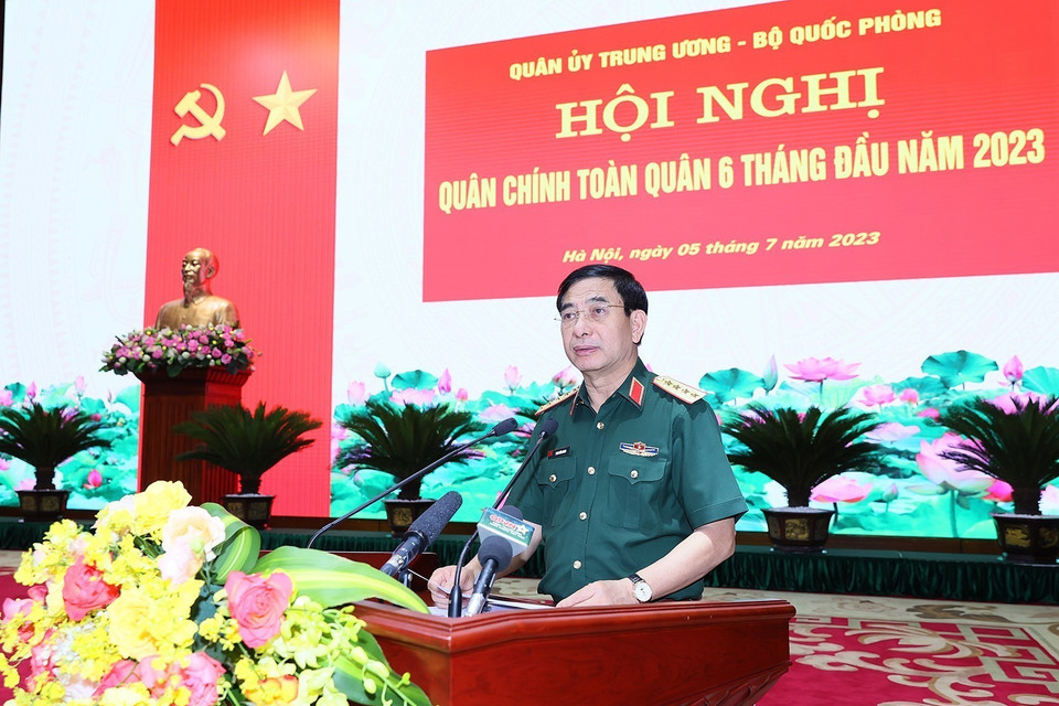 Đại tướng Phan Văn Giang, Bộ trưởng Bộ Quốc phòng phát biểu. (Ảnh: Dương Giang/TTXVN)