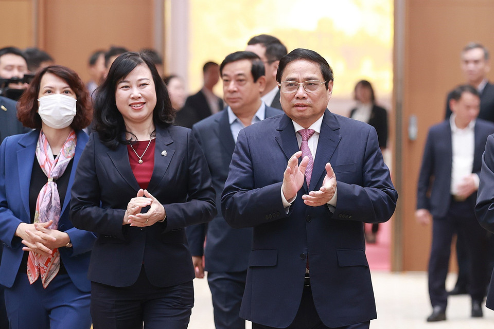 Thủ tướng Phạm Minh Chính đến dự hội nghị triển khai công tác y tế năm 2023. (Ảnh: Dương Giang/TTXVN)