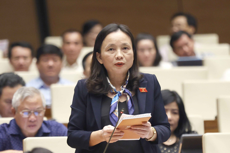 Đại biểu Quốc hội tỉnh Thanh Hóa Cầm Thị Mẫn đặt câu hỏi chất vấn. (Ảnh: Doãn Tấn/TTXVN)