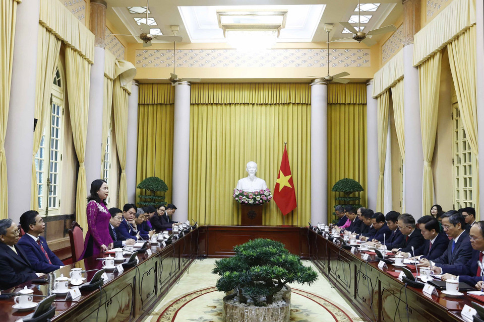 Quyền Chủ tịch nước Võ Thị Ánh Xuân chúc mừng và giao nhiệm vụ cho các đại sứ. (Ảnh: Thống Nhất/TTXVN)