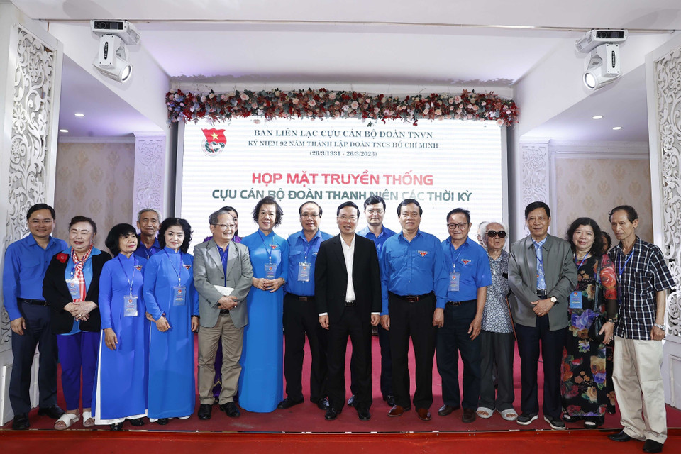 Sáng 25/3, tại Hà Nội, Chủ tịch nước Võ Văn Thưởng dự họp mặt truyền thống cựu cán bộ Đoàn thanh niên các thời kỳ, nhân kỷ niệm 92 năm Ngày thành lập Đoàn Thanh niên Cộng sản Hồ Chí Minh (26/3/1931-26/3/2023). (Ảnh: Thống Nhất/TTXVN)
