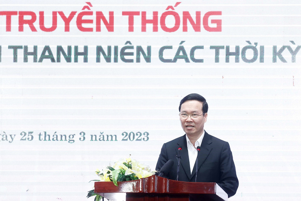 Hình ảnh Chủ tịch nước Võ Văn Thưởng phát biểu tại buổi họp mặt. (Ảnh: Thống Nhất/TTXVN)