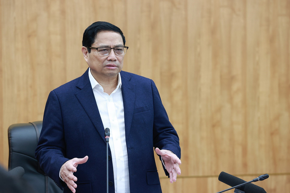 Thủ tướng Phạm Minh Chính phát biểu tại buổi làm việc với lãnh đạo chủ chốt tỉnh Hải Dương. (Ảnh: Dương Giang/TTXVN)