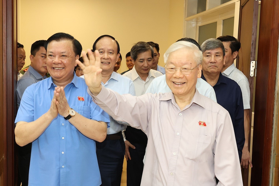 Sáng 13/5/2023, Tổng Bí thư Nguyễn Phú Trọng dự Hội nghị Đại biểu Quốc hội tiếp xúc cử tri quận Đống Đa, quận Ba Đình và quận Hai Bà Trưng trước kỳ họp thứ năm, Quốc hội khóa XV. (Ảnh: Trí Dũng/TTXVN)