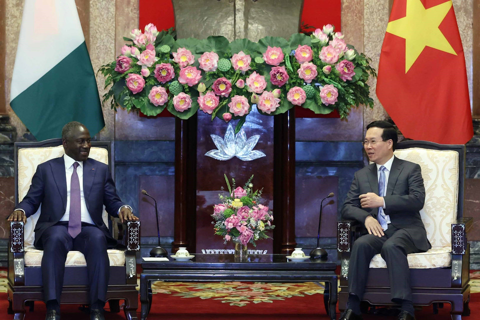 Chiều 14/6/2023, tại Phủ Chủ tịch, Chủ tịch nước Võ Văn Thưởng tiếp Chủ tịch Quốc hội Bờ Biển Ngà (Côte d'Ivoire) Adama Bictogo đang thăm chính thức Việt Nam. (Ảnh: Thống Nhất/TTXVN)