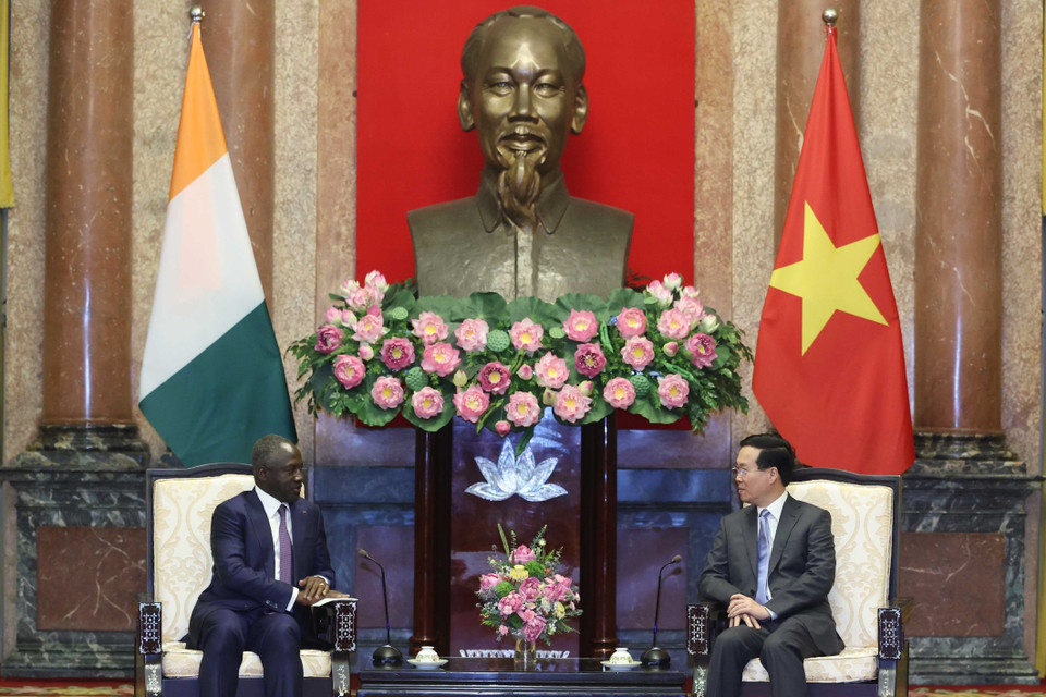  Chủ tịch nước Võ Văn Thưởng tiếp Chủ tịch Quốc hội Bờ Biển Ngà (Côte d'Ivoire) Adama Bictogo. (Ảnh: Thống Nhất/TTXVN)