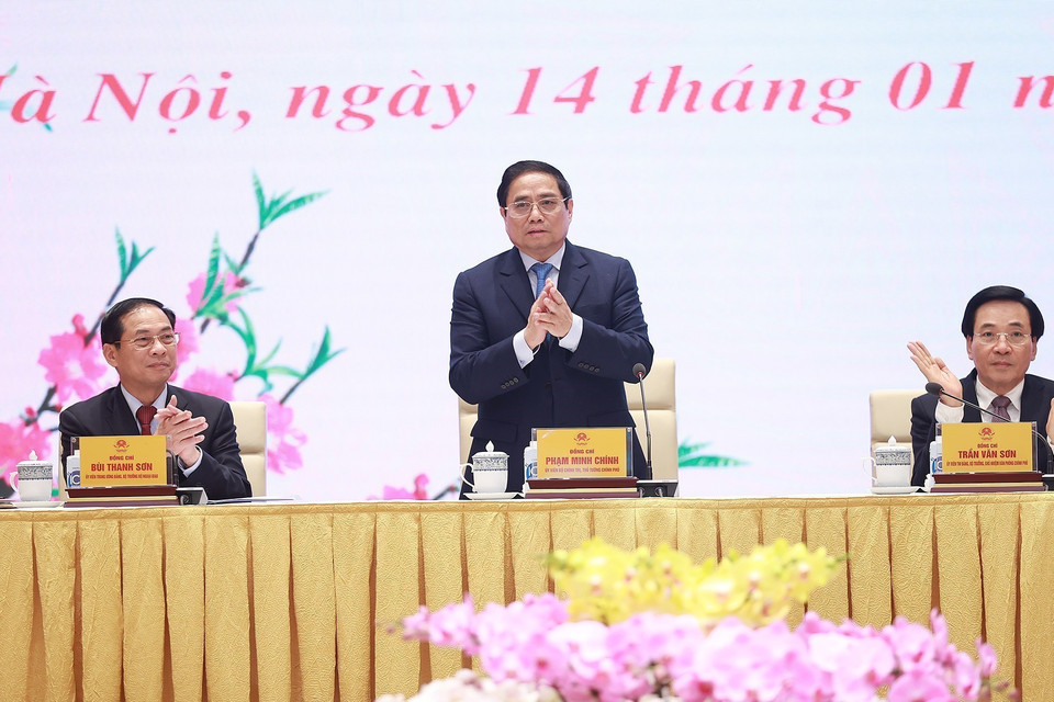 Thủ tướng Phạm Minh Chính tại buổi gặp mặt kiều bào tiêu biểu dự chương trình Xuân quê hương 2023. (Ảnh: Dương Giang/TTXVN) 