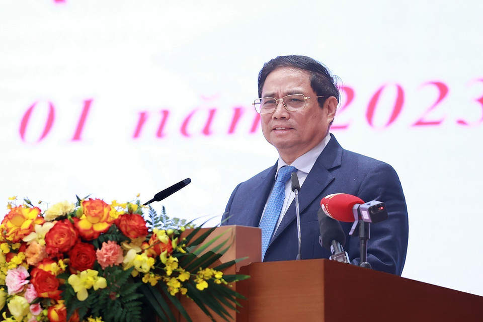 Hình ảnh Thủ tướng Phạm Minh Chính phát biểu tại buổi gặp mặt kiều bào tiêu biểu tham dự chương trình Xuân Quê hương 2023. (Ảnh: Dương Giang/TTXVN) 