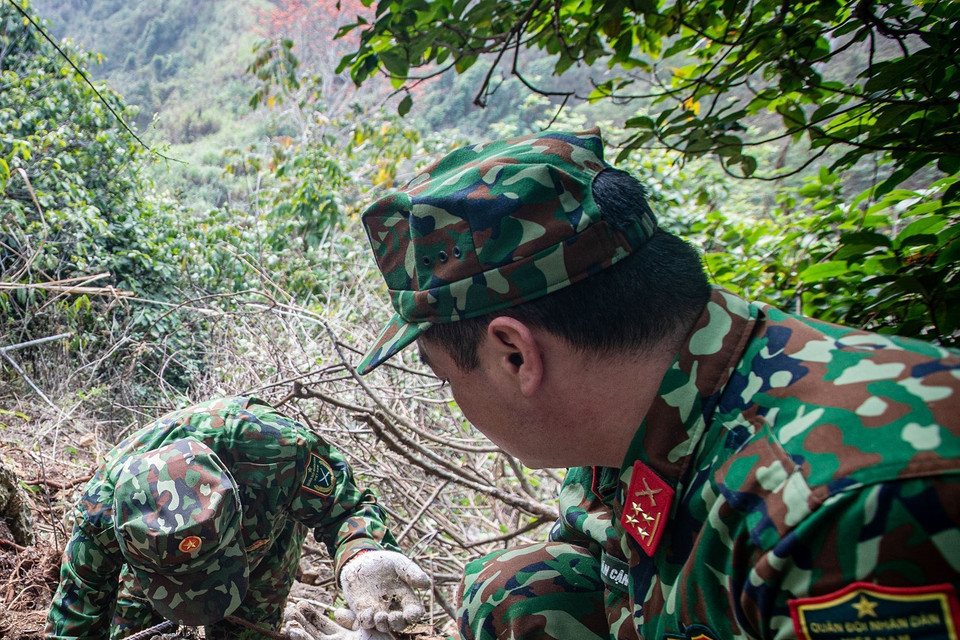 Trong những năm qua, với nỗ lực không ngưng nghỉ và phương châm tìm kiếm, đưa đồng đội về với thân nhân sớm nhất, tìm kiếm, quy tập nhiều hài cốt nhất để làm an lòng các liệt sỹ cũng như người nhà liệt sỹ, Đội Tìm kiếm quy tập hài cốt liệt sỹ (lâm thời) thuộc Bộ chỉ huy quân sự tỉnh Hà Giang đã vượt mọi khó khăn, vừa tìm kiếm, chọn lọc, xác minh thông tin qua nhiều nguồn, vừa tiến hành khảo sát, xây dựng kế hoạch triển khai tìm kiếm, quy tập hài cốt liệt sỹ trong khu vực đã rà phá bom mìn. (Ảnh: Hoàng Hiếu/TTXVN)