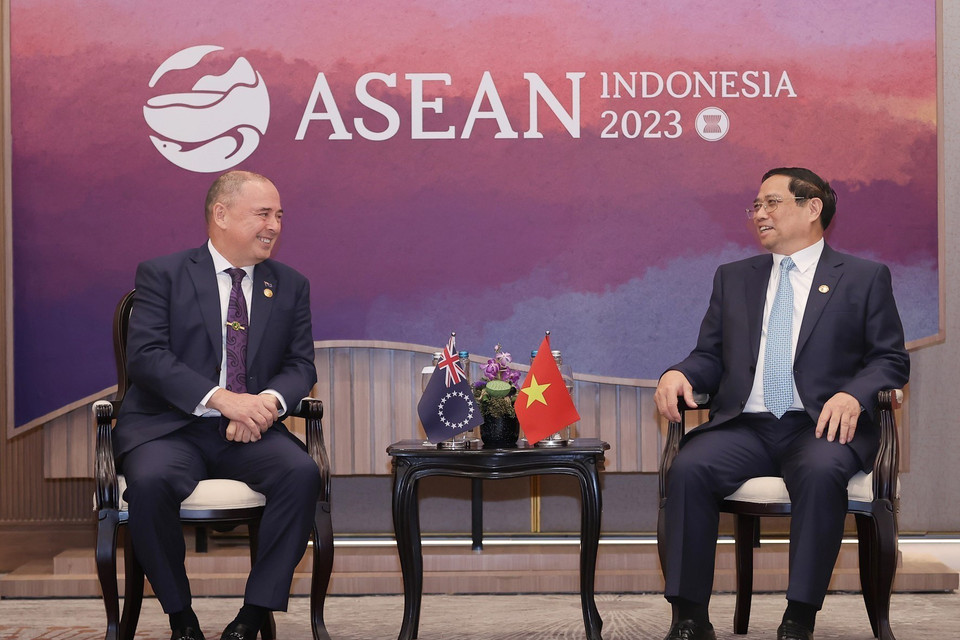 Chiều 7/9/2023, tại Jakarta, Indonesia, Thủ tướng Phạm Minh Chính gặp Ngài Mark Brown, Thủ tướng quần đảo Cook. (Ảnh: Dương Giang/TTXVN)