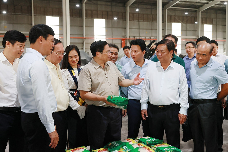 Thủ tướng Phạm Minh Chính xem sản phẩm gạo xuất khẩu của Nhà máy Chế biến Gạo của Công ty Trách nhiệm hữu hạn Lúa, Gạo Việt Nam. (Ảnh: Dương Giang/TTXVN)