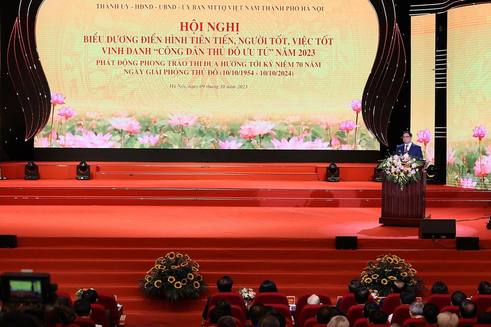 Thủ tướng Phạm Minh Chính phát biểu tại hội nghị. (Ảnh: Dương Giang/TTXVN)