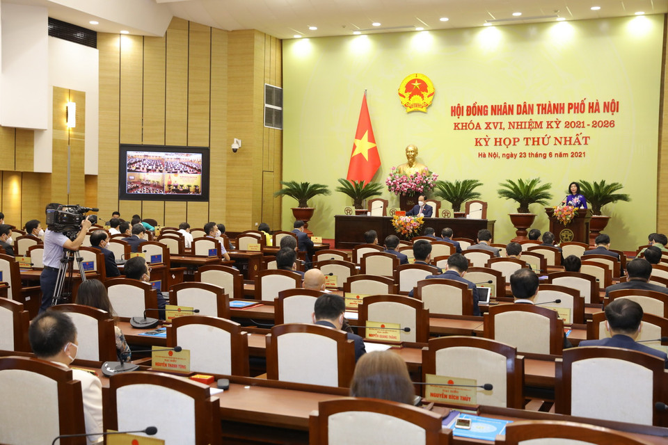 Quang cảnh phiên khai mạc Kỳ họp thứ nhất HĐND thành phố Hà Nội khóa XVI, nhiệm kỳ 2021-2026. (Ảnh: Nguyễn Điệp/TTXVN)
