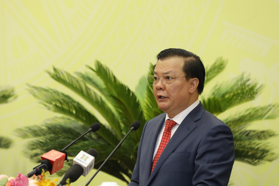 Ông Đinh Tiến Dũng, Ủy viên Bộ Chính trị, Bí thư Thành ủy Hà Nội phát biểu. (Ảnh: Nguyễn Điệp/TTXVN)