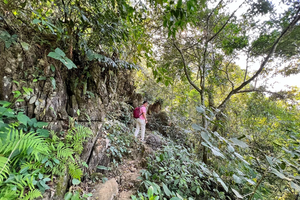 Cách trung tâm xã Vân Sơn gần 4km trên đường đi Làng Son, xã Nam Sơn, du khách sẽ bắt đầu hành trình trên con đường núi đá cổ dưới tán rừng xanh mát. (Ảnh: Mai Mai/Vietnam+)