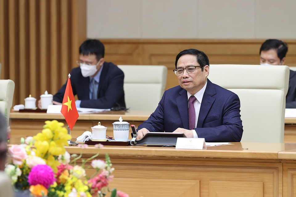 Thủ tướng Phạm Minh Chính phát biểu tại buổi hội đàm. (Ảnh: Dương Giang/TTXVN)