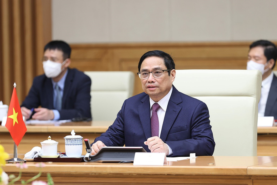 Thủ tướng Phạm Minh Chính phát biểu tại buổi hội đàm. (Ảnh: Dương Giang/TTXVN)