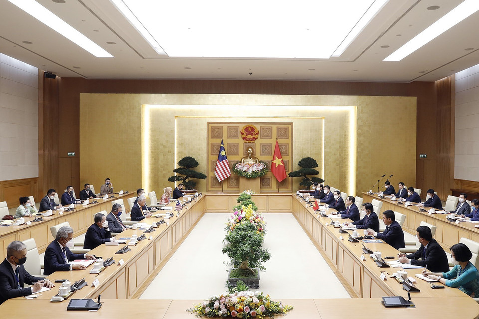 Quang cảnh cuộc hội đàm giữa Thủ tướng Chính phủ Phạm Minh Chính và Thủ tướng Malaysia Dato’ Sri Ismail Sabri bin Yaakob. (Ảnh: Dương Giang/TTXVN)