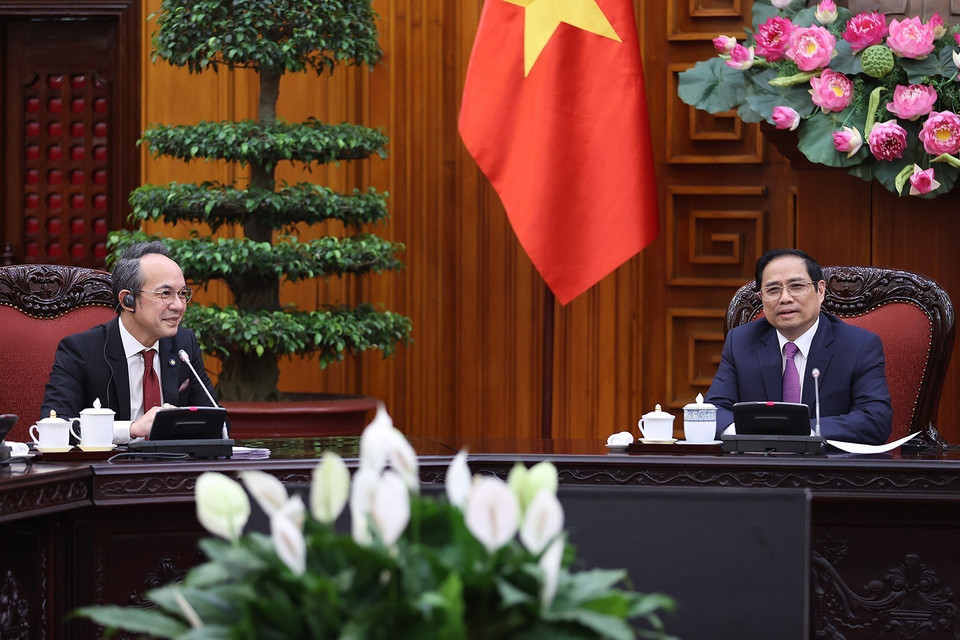 Thủ tướng Phạm Minh Chính tiếp Đại sứ Thái Lan tại Việt Nam Nikorndej Balankura. (Ảnh: Dương Giang/TTXVN)