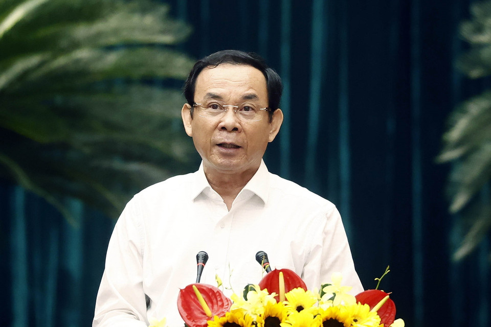 Ông Nguyễn Văn Nên, Ủy viên Bộ Chính trị, Bí thư Thành ủy Thành phố Hồ Chí Minh phát biểu. (Ảnh: Thống Nhất/TTXVN)