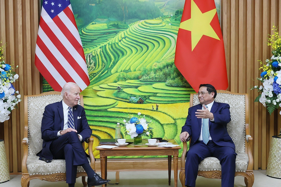 Thủ tướng Phạm Minh Chính hội kiến Tổng thống Hoa Kỳ Joe Biden. (Ảnh: Dương Giang/TTXVN)