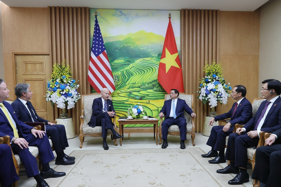 Thủ tướng Phạm Minh Chính hội kiến Tổng thống Hoa Kỳ Joe Biden. (Ảnh: Dương Giang/TTXVN)