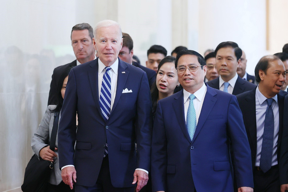 Thủ tướng Phạm Minh Chính hội kiến Tổng thống Hoa Kỳ Joe Biden. (Ảnh: Dương Giang/TTXVN)