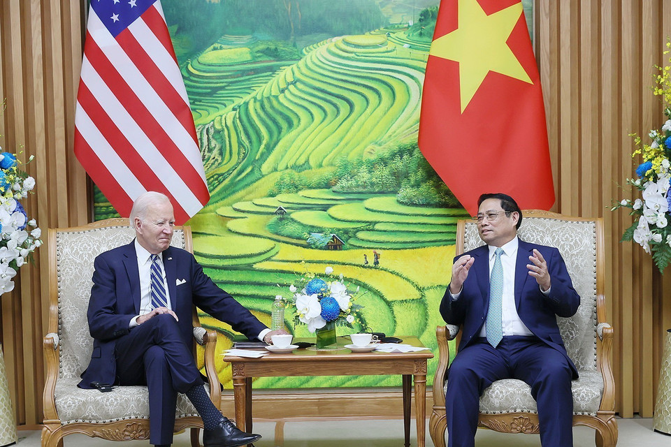 Thủ tướng Phạm Minh Chính hội kiến Tổng thống Hoa Kỳ Joe Biden. (Ảnh: Dương Giang/TTXVN)