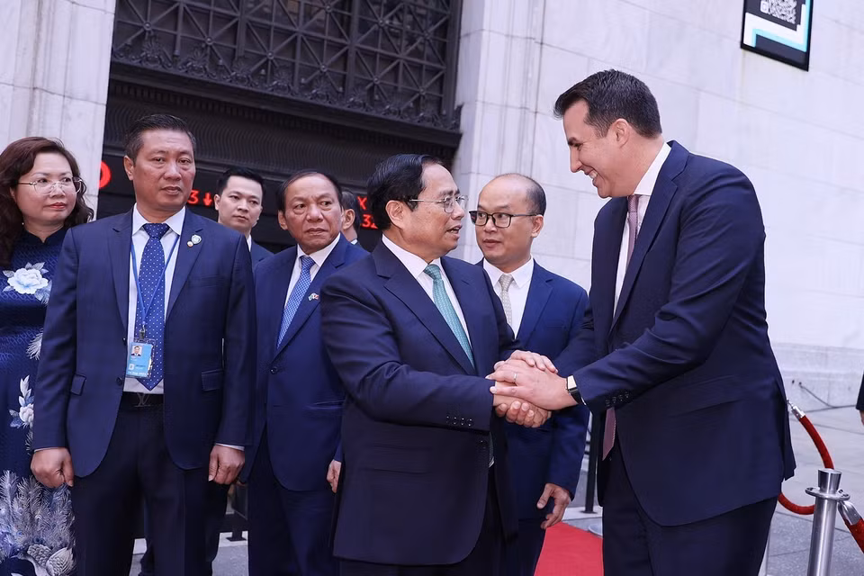 Thủ tướng Phạm Minh Chính làm việc với Sàn giao dịch Chứng khoán New York (NYSE). (Ảnh: Dương Giang/TTXVN)