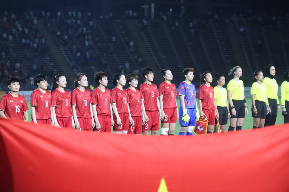 Các tuyển thủ nữ Việt Nam thực hiện nghi thức chào cờ. (Ảnh: Hoàng Linh/TTXVN)