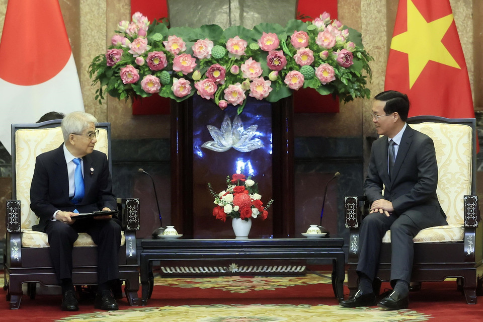 Chủ tịch nước Võ Văn Thưởng tiếp Chủ tịch Thượng viện Nhật Bản Otsuji Hidehisa. (Ảnh: Thống Nhất/TTXVN)