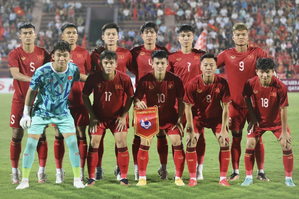 Đội hình xuất phát của U23 Việt Nam. (Ảnh: Minh Quyết/TTXVN)