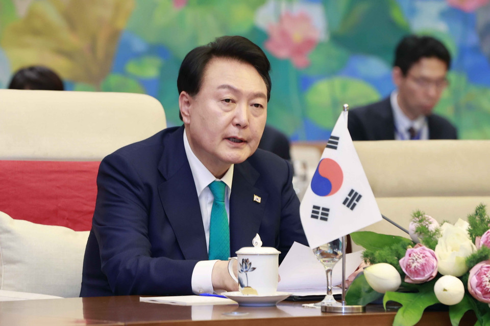 Tổng thống Hàn Quốc Yoon Suk Yeol phát biểu. (Ảnh: Doãn Tấn/TTXVN)