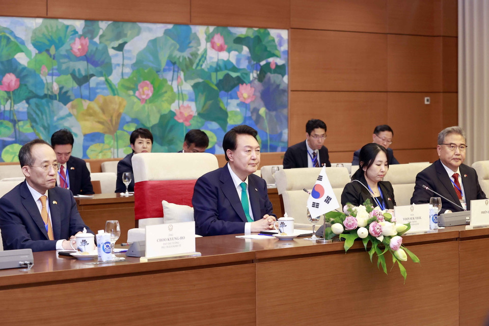 Tổng thống Hàn Quốc Yoon Suk Yeol phát biểu. (Ảnh: Doãn Tấn/TTXVN)