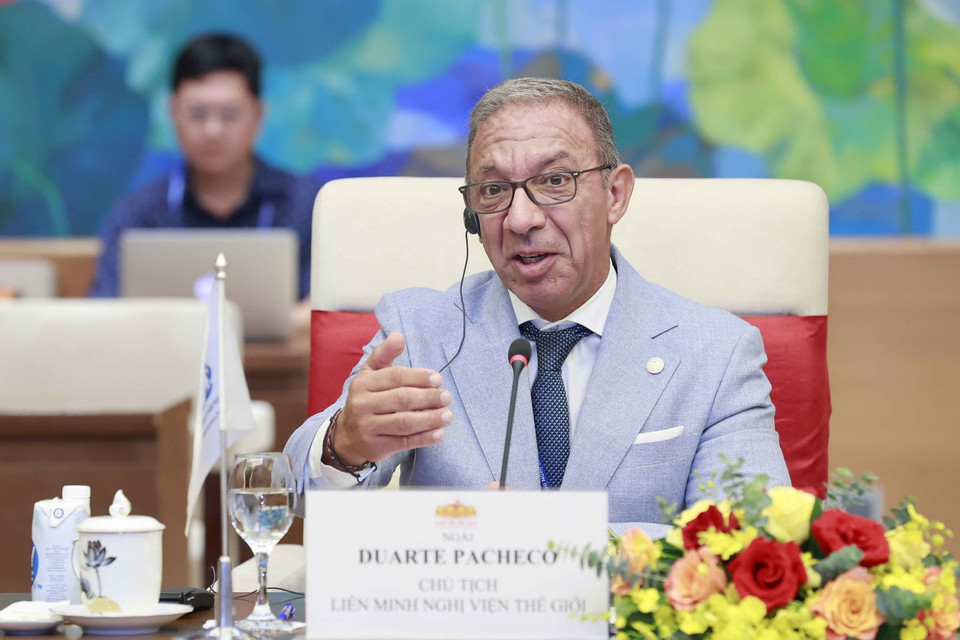 Ngài Duarte Pacheco, Chủ tịch Liên minh Nghị viện Thế giới (IPU) phát biểu. (Ảnh: Doãn Tấn/TTXVN)