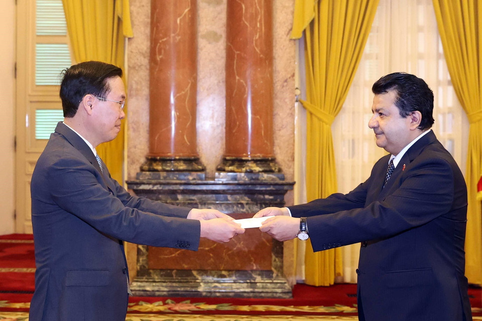 Chủ tịch nước Võ Văn Thưởng tiếp nhận Quốc thư của Đại sứ Chile Sergio Narea Guzmán. (Ảnh: Thống Nhất/TTXVN)