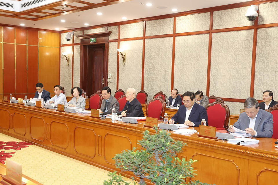 Tổng Bí thư Nguyễn Phú Trọng phát biểu kết luận cuộc họp. (Ảnh: Trí Dũng/TTXVN)