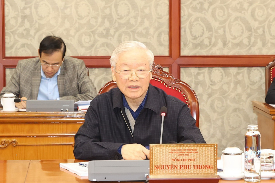 Tổng Bí thư Nguyễn Phú Trọng phát biểu kết luận cuộc họp. (Ảnh: Trí Dũng/TTXVN)