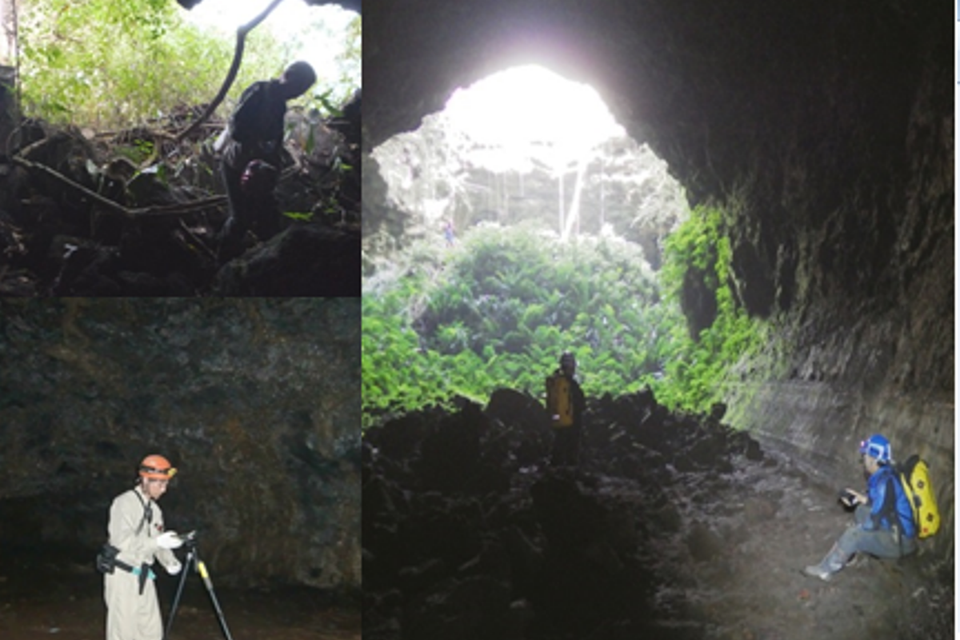 Các nhà khoa học nghiên cứu, đo đạc trong các hang động núi lửa. (Nguồn ảnh: TCĐC-KSVN)