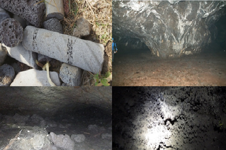 Thạch nhũ trong hang động, mẫu đá basalt bọt ở độ sâu khoảng 50m và một số vật dụng như ưới bẫy dơi bị bỏ lại trong hang. (Nguồn ảnh: TCĐC-KSVN)